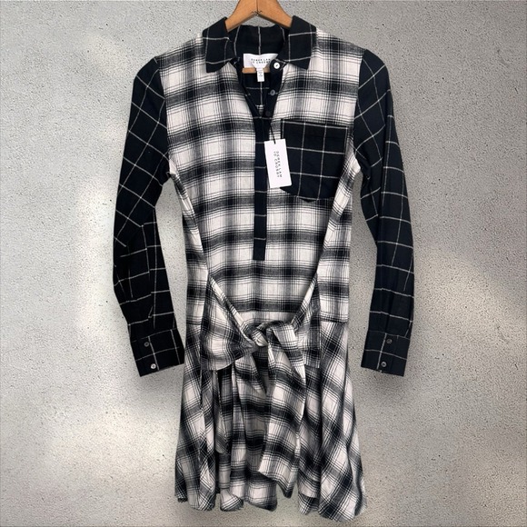 Derek Lam 10‎ Crosby Black White Plaid Shirt Flannel Dress Tie Waist Sz 2 NWT - Picture 4 of 9